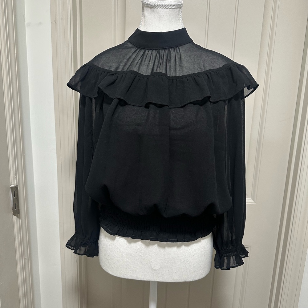 Ann Taylor Black Ruffle Sheer Blouse